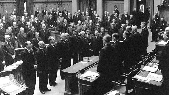 The first SP federal councillor, Ernst Nobs, was elected in 1943. This was the first time that all the strongest political parties were represented in the Federal Council.